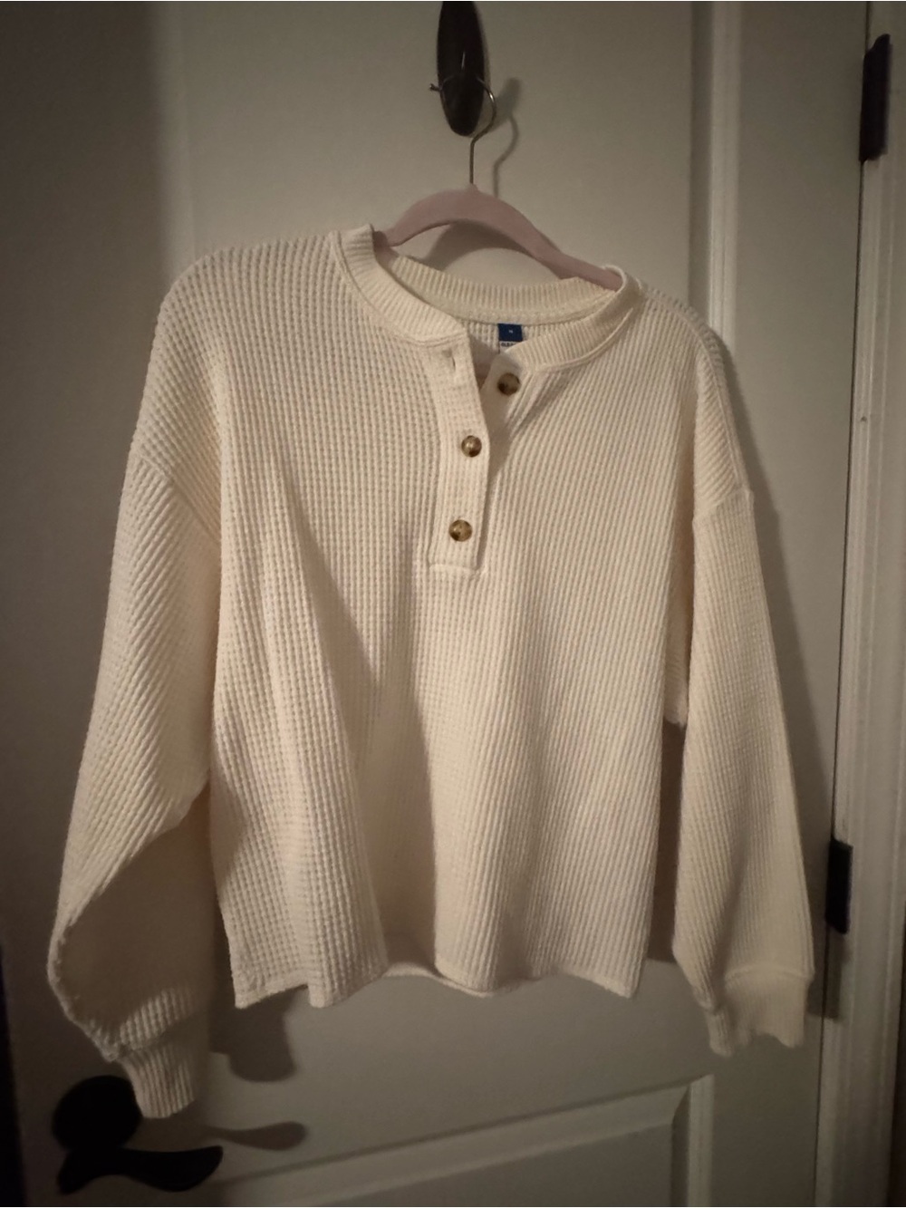 Old Navy Cream Waffle-Knit Crewneck Henley Sweater